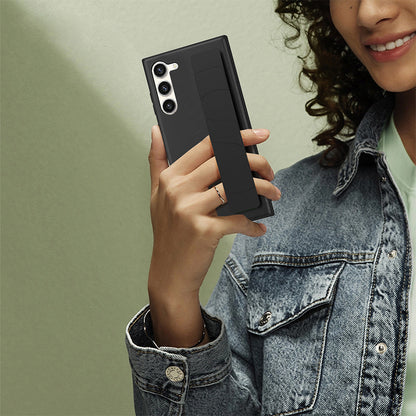 For Samsung Galaxy S22+ 5G Anti-drop Phone Cover Litchi Texture PU Leather Coated PC+TPU Case with Wristband