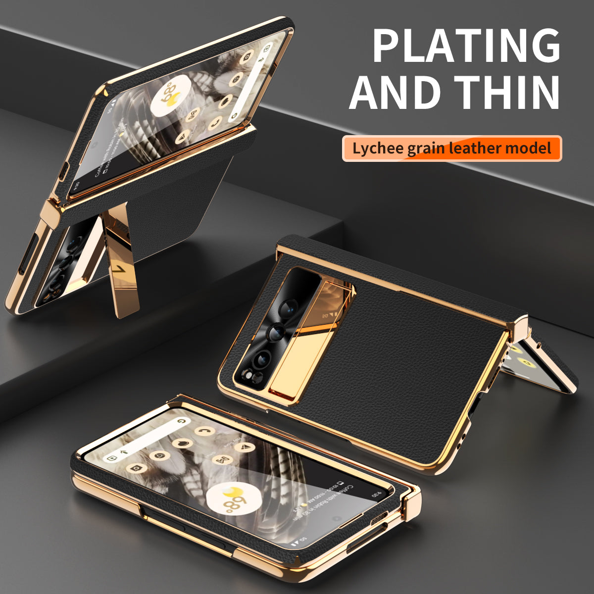 For Google Pixel Fold Hinge Protection Phone Case PU Leather+PC Kickstand Cover with Tempered Glass Film