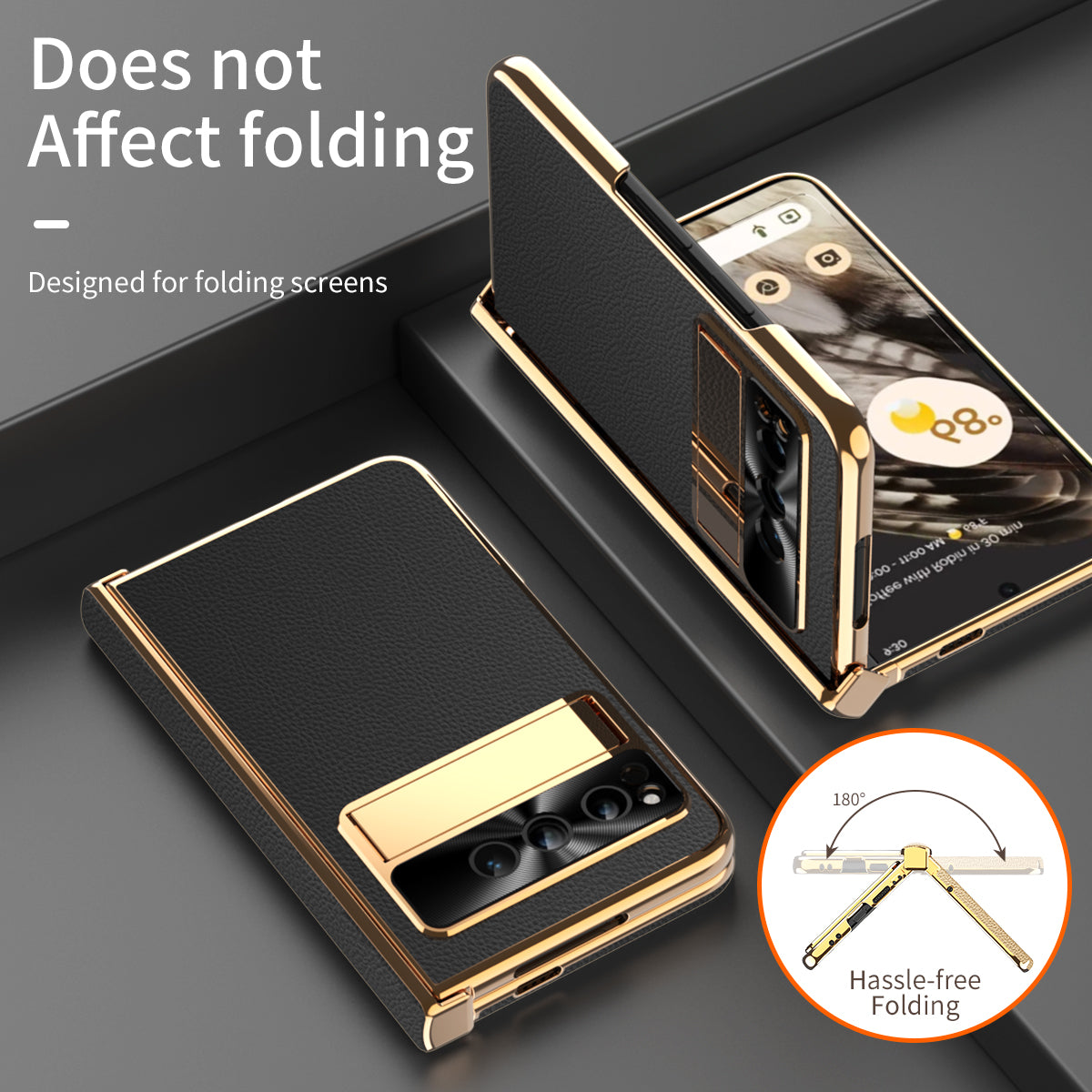 For Google Pixel Fold Hinge Protection Phone Case PU Leather+PC Kickstand Cover with Tempered Glass Film
