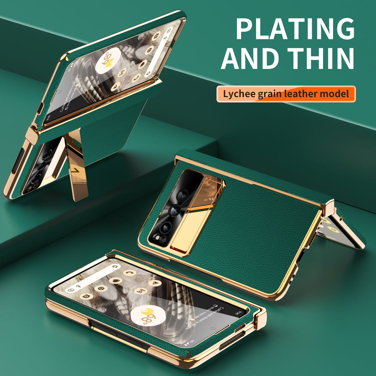 For Google Pixel Fold Hinge Protection Phone Case PU Leather+PC Kickstand Cover with Tempered Glass Film