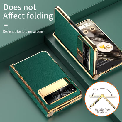 For Google Pixel Fold Hinge Protection Phone Case PU Leather+PC Kickstand Cover with Tempered Glass Film