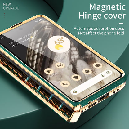 For Google Pixel Fold Hinge Protection Phone Case PU Leather+PC Kickstand Cover with Tempered Glass Film