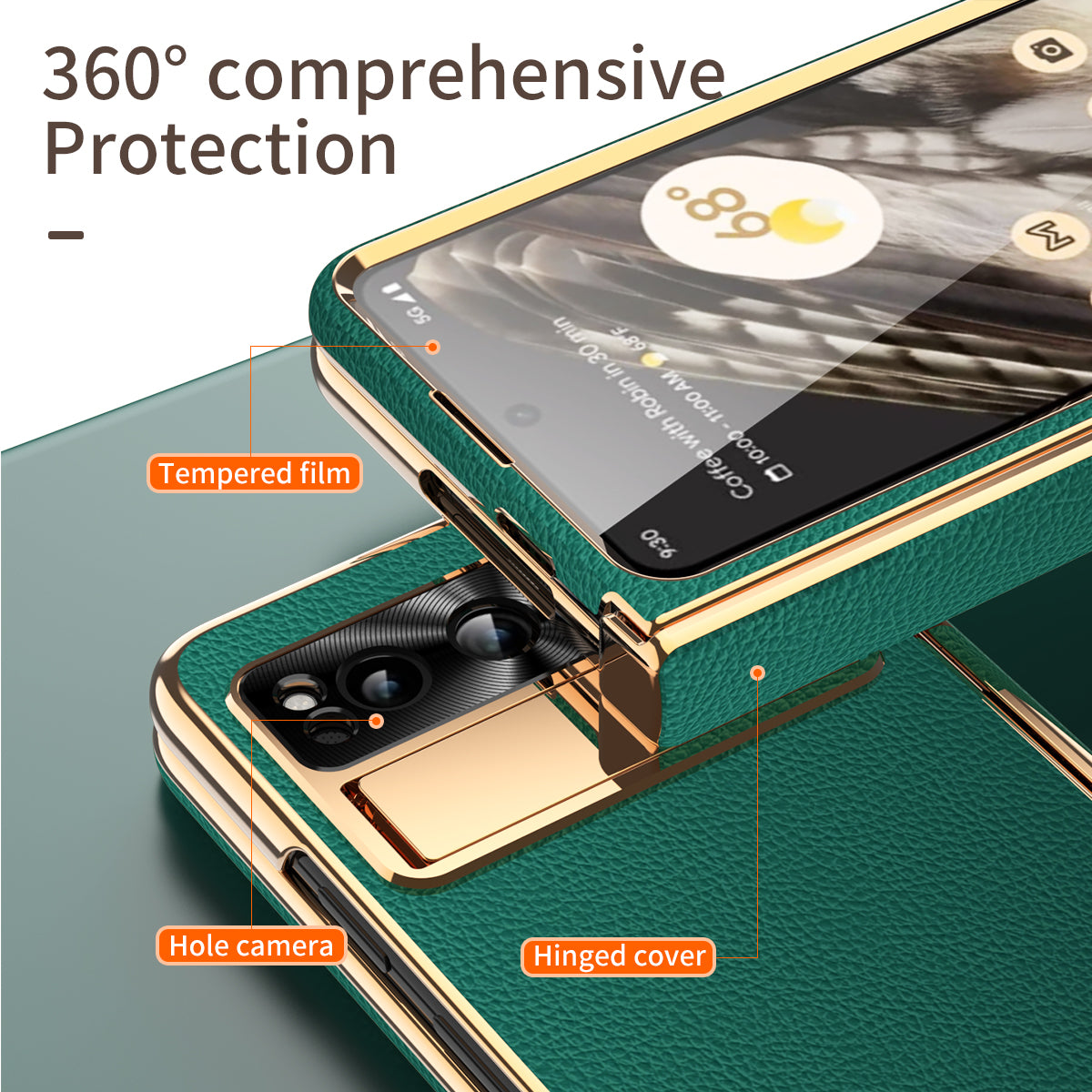 For Google Pixel Fold Hinge Protection Phone Case PU Leather+PC Kickstand Cover with Tempered Glass Film