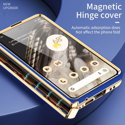 For Google Pixel Fold Hinge Protection Phone Case PU Leather+PC Kickstand Cover with Tempered Glass Film