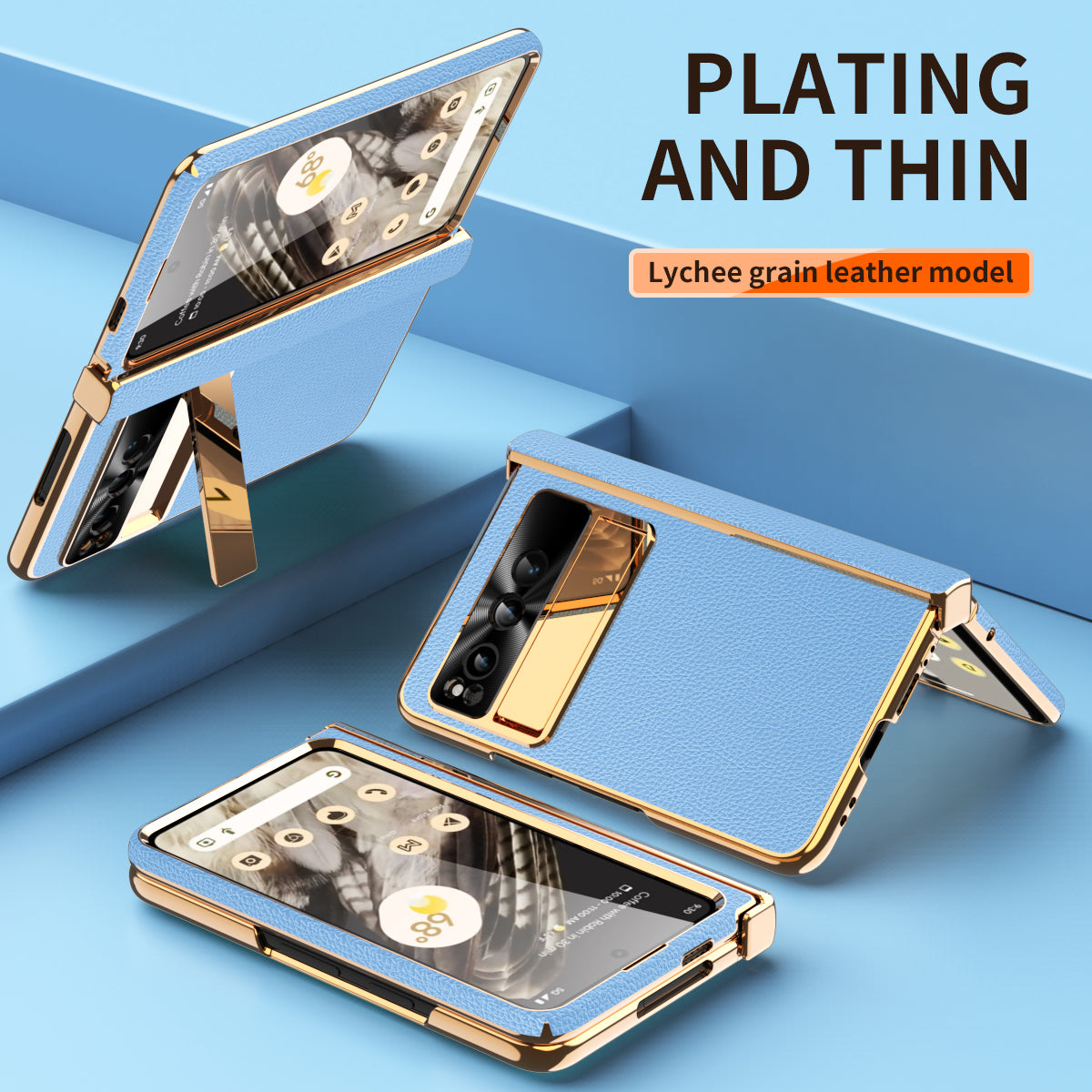 For Google Pixel Fold Hinge Protection Phone Case PU Leather+PC Kickstand Cover with Tempered Glass Film