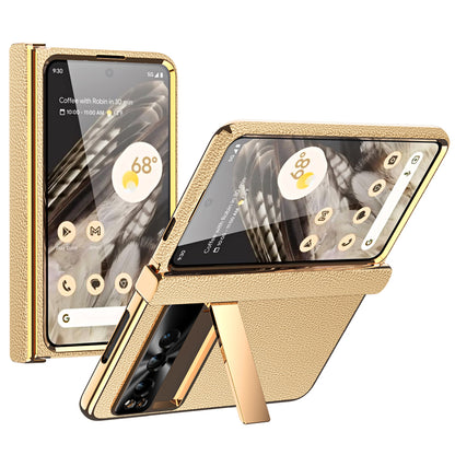 For Google Pixel Fold Hinge Protection Phone Case PU Leather+PC Kickstand Cover with Tempered Glass Film