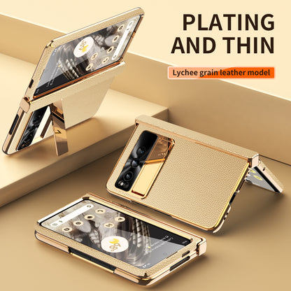 For Google Pixel Fold Hinge Protection Phone Case PU Leather+PC Kickstand Cover with Tempered Glass Film