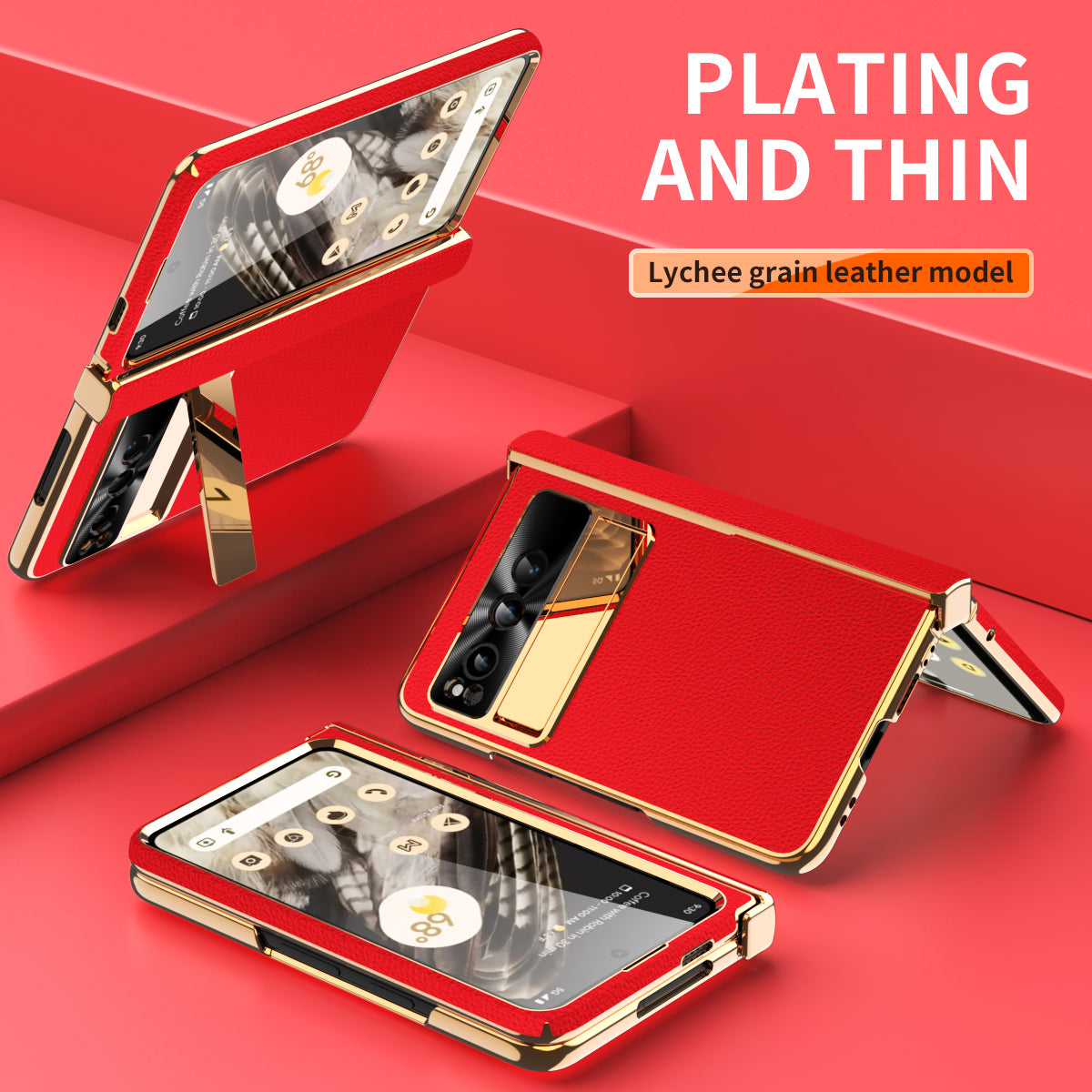 For Google Pixel Fold Hinge Protection Phone Case PU Leather+PC Kickstand Cover with Tempered Glass Film