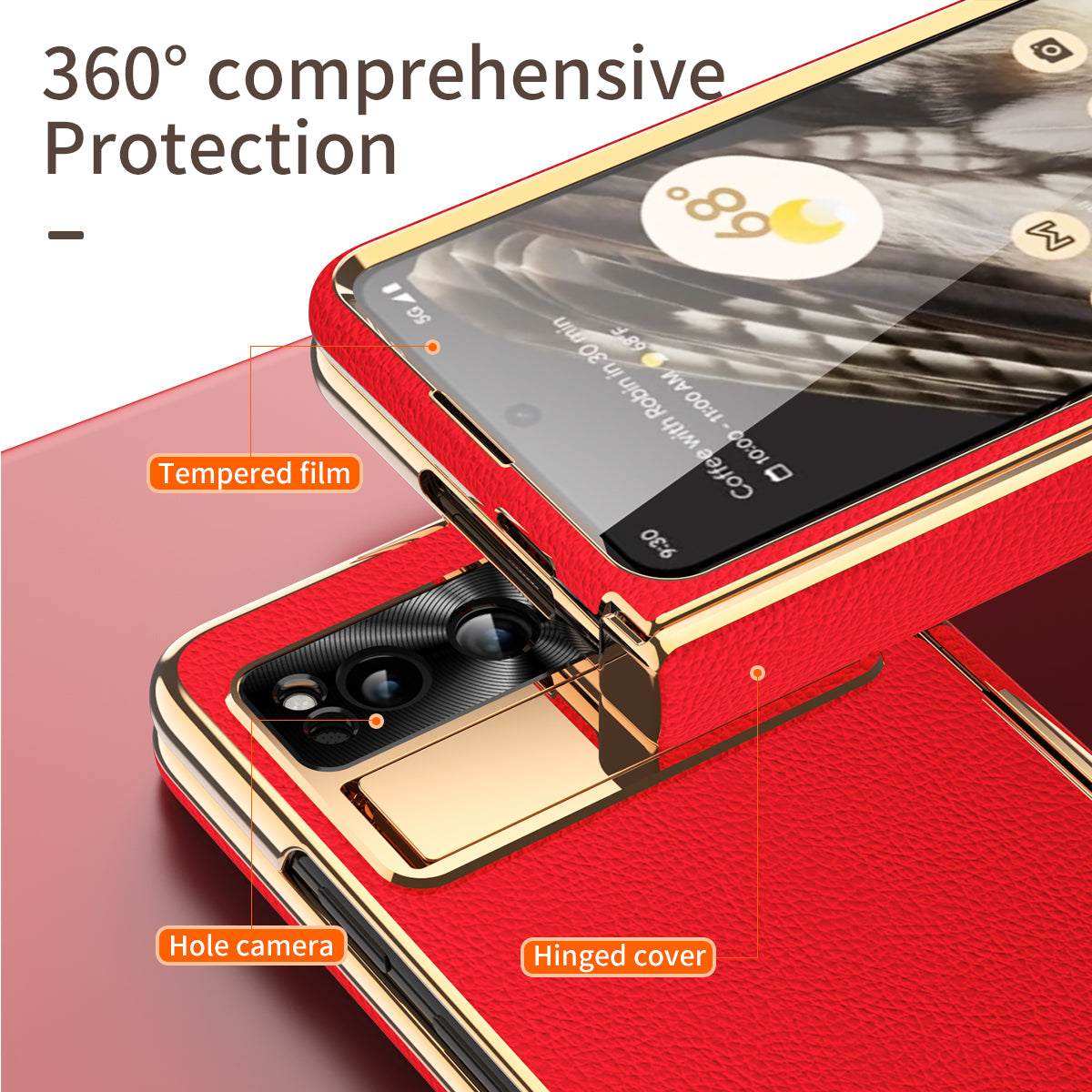 For Google Pixel Fold Hinge Protection Phone Case PU Leather+PC Kickstand Cover with Tempered Glass Film
