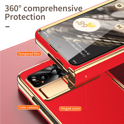 For Google Pixel Fold Hinge Protection Phone Case PU Leather+PC Kickstand Cover with Tempered Glass Film