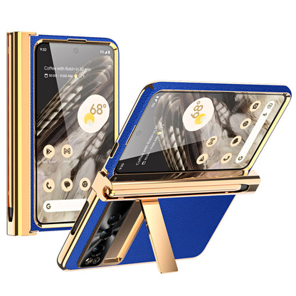 For Google Pixel Fold Hinge Protection PU Leather+PC Case Kickstand Phone Cover with Tempered Glass Film / Stylus