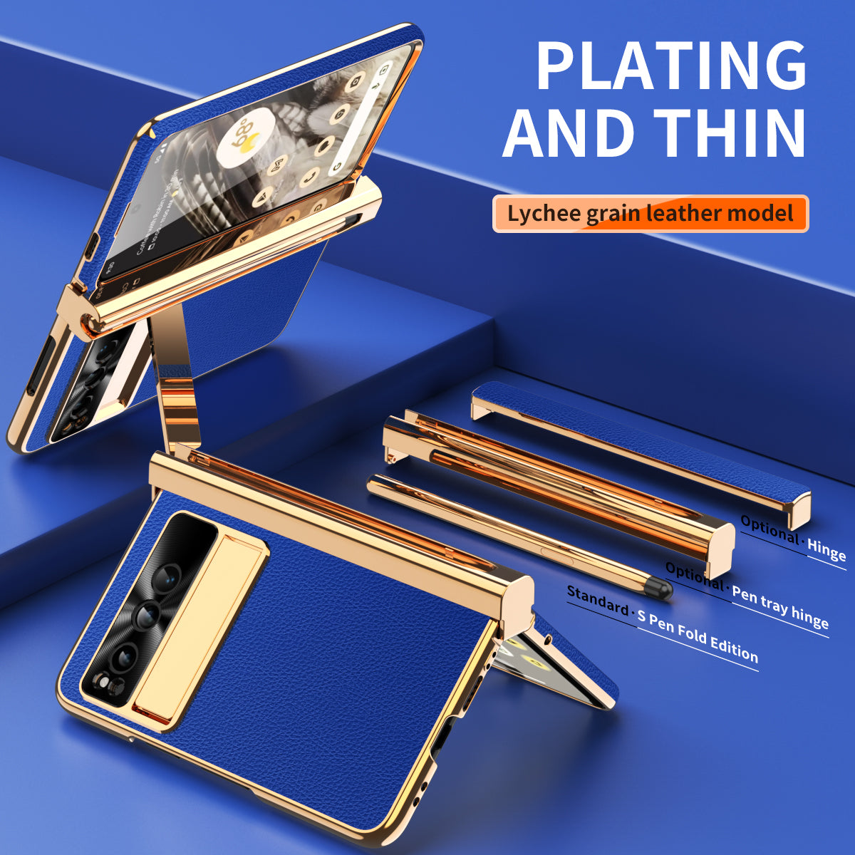 For Google Pixel Fold Hinge Protection PU Leather+PC Case Kickstand Phone Cover with Tempered Glass Film / Stylus