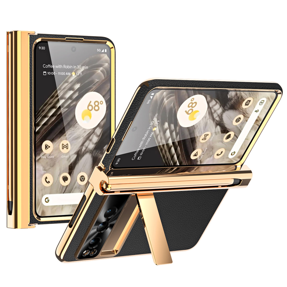 For Google Pixel Fold Hinge Protection PU Leather+PC Case Kickstand Phone Cover with Tempered Glass Film / Stylus
