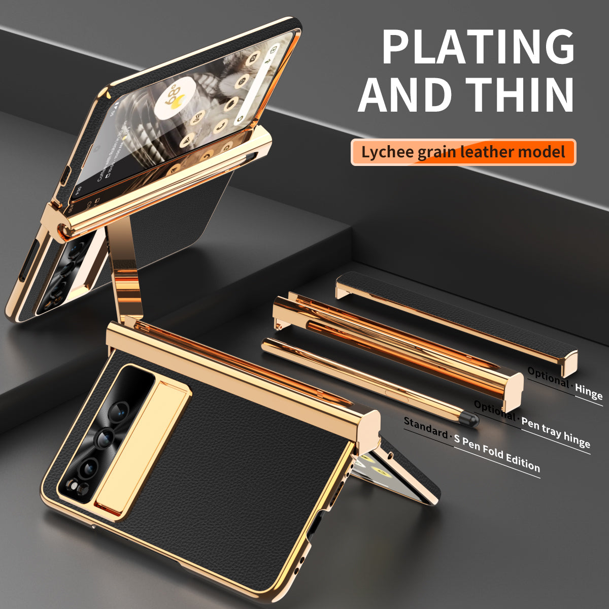 For Google Pixel Fold Hinge Protection PU Leather+PC Case Kickstand Phone Cover with Tempered Glass Film / Stylus
