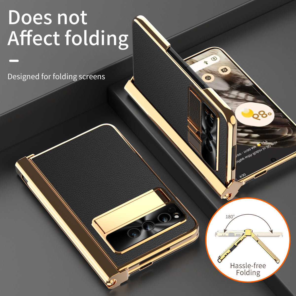 For Google Pixel Fold Hinge Protection PU Leather+PC Case Kickstand Phone Cover with Tempered Glass Film / Stylus