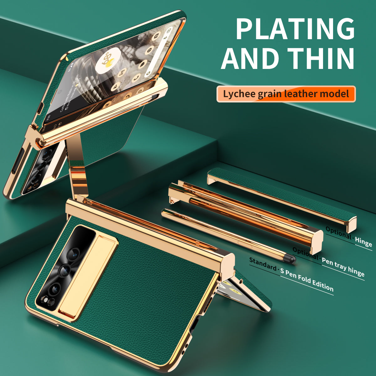 For Google Pixel Fold Hinge Protection PU Leather+PC Case Kickstand Phone Cover with Tempered Glass Film / Stylus