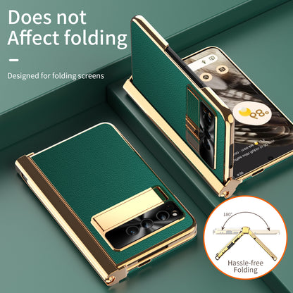 For Google Pixel Fold Hinge Protection PU Leather+PC Case Kickstand Phone Cover with Tempered Glass Film / Stylus