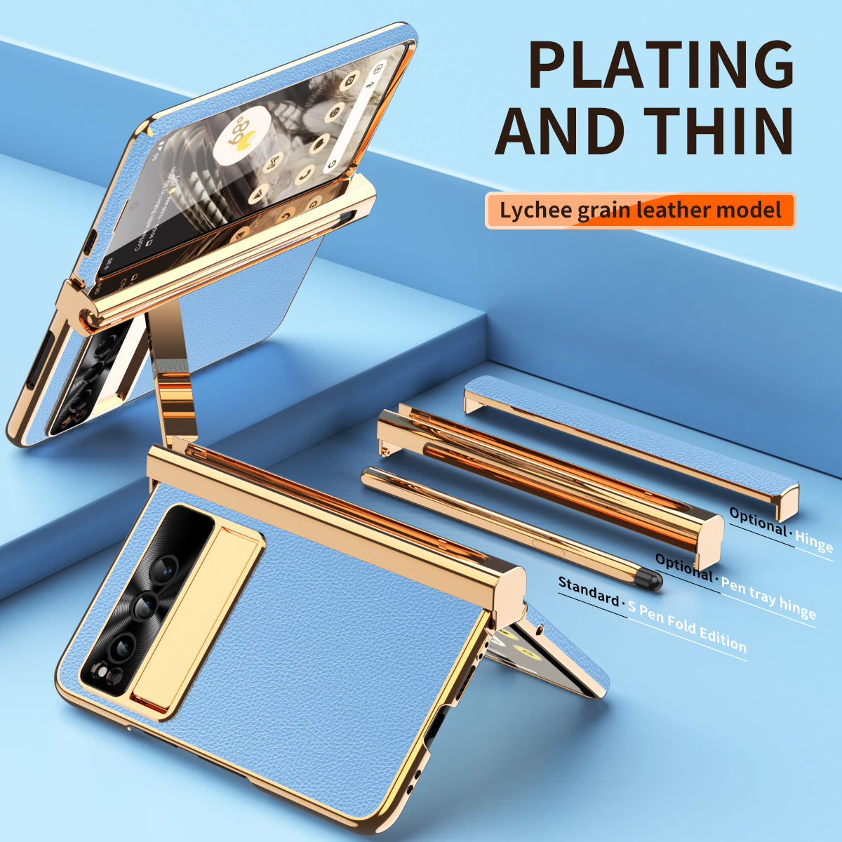 For Google Pixel Fold Hinge Protection PU Leather+PC Case Kickstand Phone Cover with Tempered Glass Film / Stylus