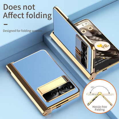 For Google Pixel Fold Hinge Protection PU Leather+PC Case Kickstand Phone Cover with Tempered Glass Film / Stylus