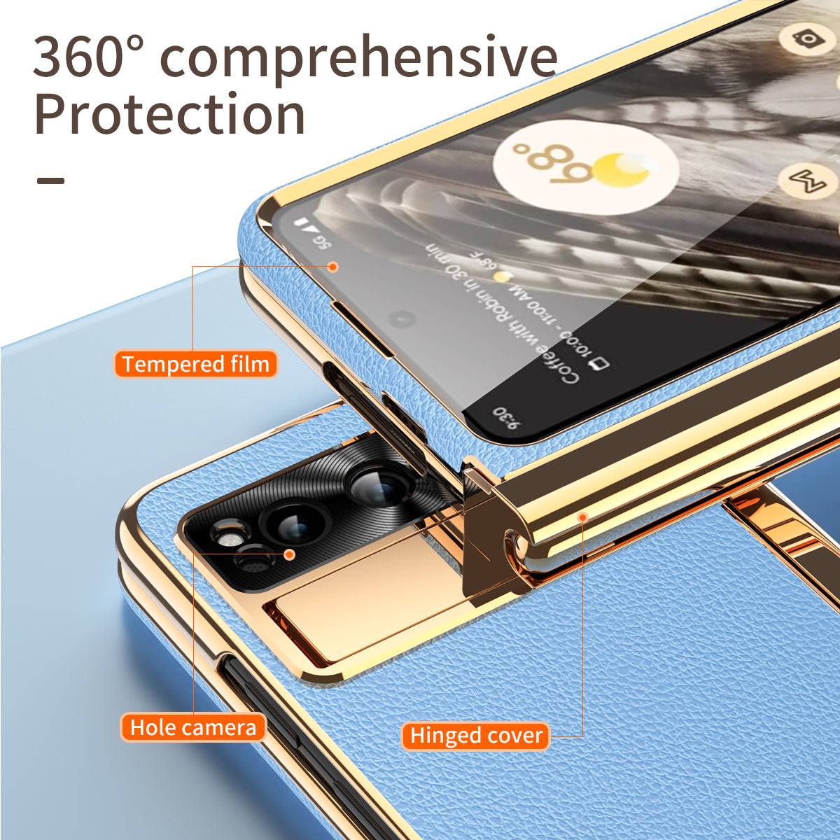 For Google Pixel Fold Hinge Protection PU Leather+PC Case Kickstand Phone Cover with Tempered Glass Film / Stylus