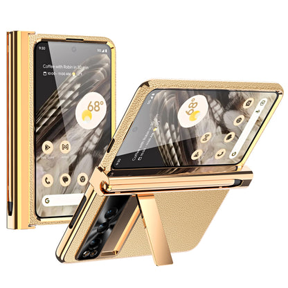 For Google Pixel Fold Hinge Protection PU Leather+PC Case Kickstand Phone Cover with Tempered Glass Film / Stylus