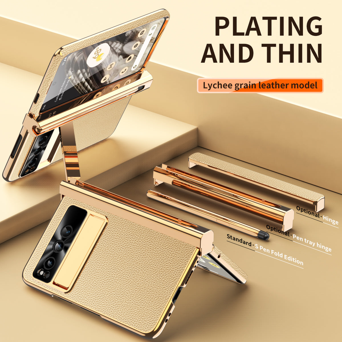 For Google Pixel Fold Hinge Protection PU Leather+PC Case Kickstand Phone Cover with Tempered Glass Film / Stylus