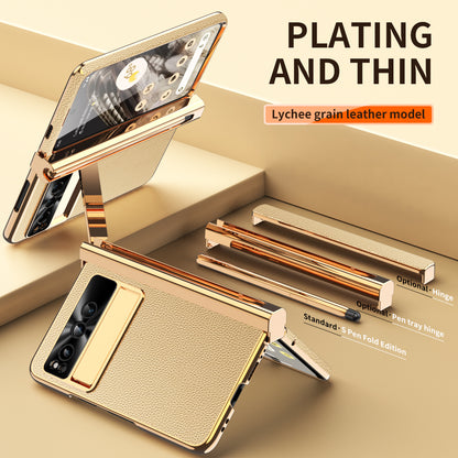 For Google Pixel Fold Hinge Protection PU Leather+PC Case Kickstand Phone Cover with Tempered Glass Film / Stylus