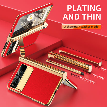 For Google Pixel Fold Hinge Protection PU Leather+PC Case Kickstand Phone Cover with Tempered Glass Film / Stylus