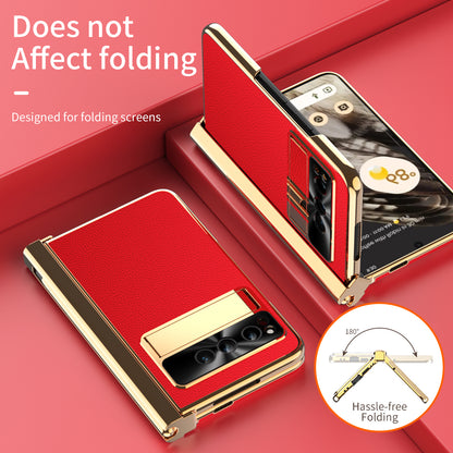 For Google Pixel Fold Hinge Protection PU Leather+PC Case Kickstand Phone Cover with Tempered Glass Film / Stylus