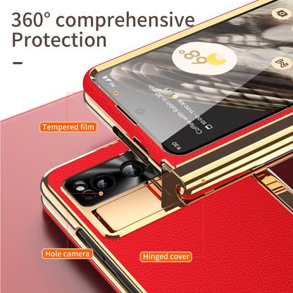 For Google Pixel Fold Hinge Protection PU Leather+PC Case Kickstand Phone Cover with Tempered Glass Film / Stylus