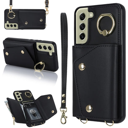 For Samsung Galaxy S21 FE 5G Zipper Wallet Crossbody Phone Case PU Leather Coated TPU Kickstand Cover