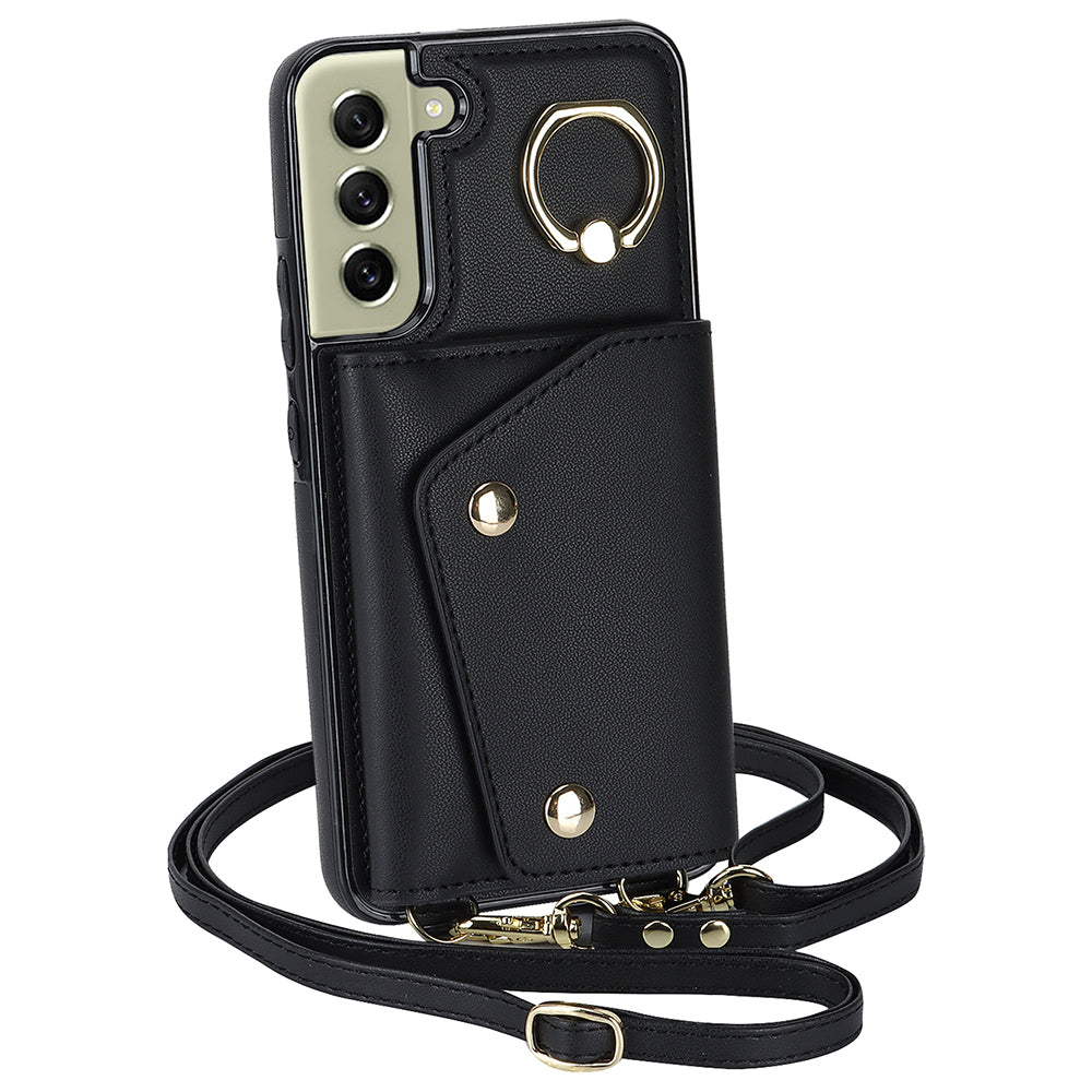 For Samsung Galaxy S21 FE 5G Zipper Wallet Crossbody Phone Case PU Leather Coated TPU Kickstand Cover