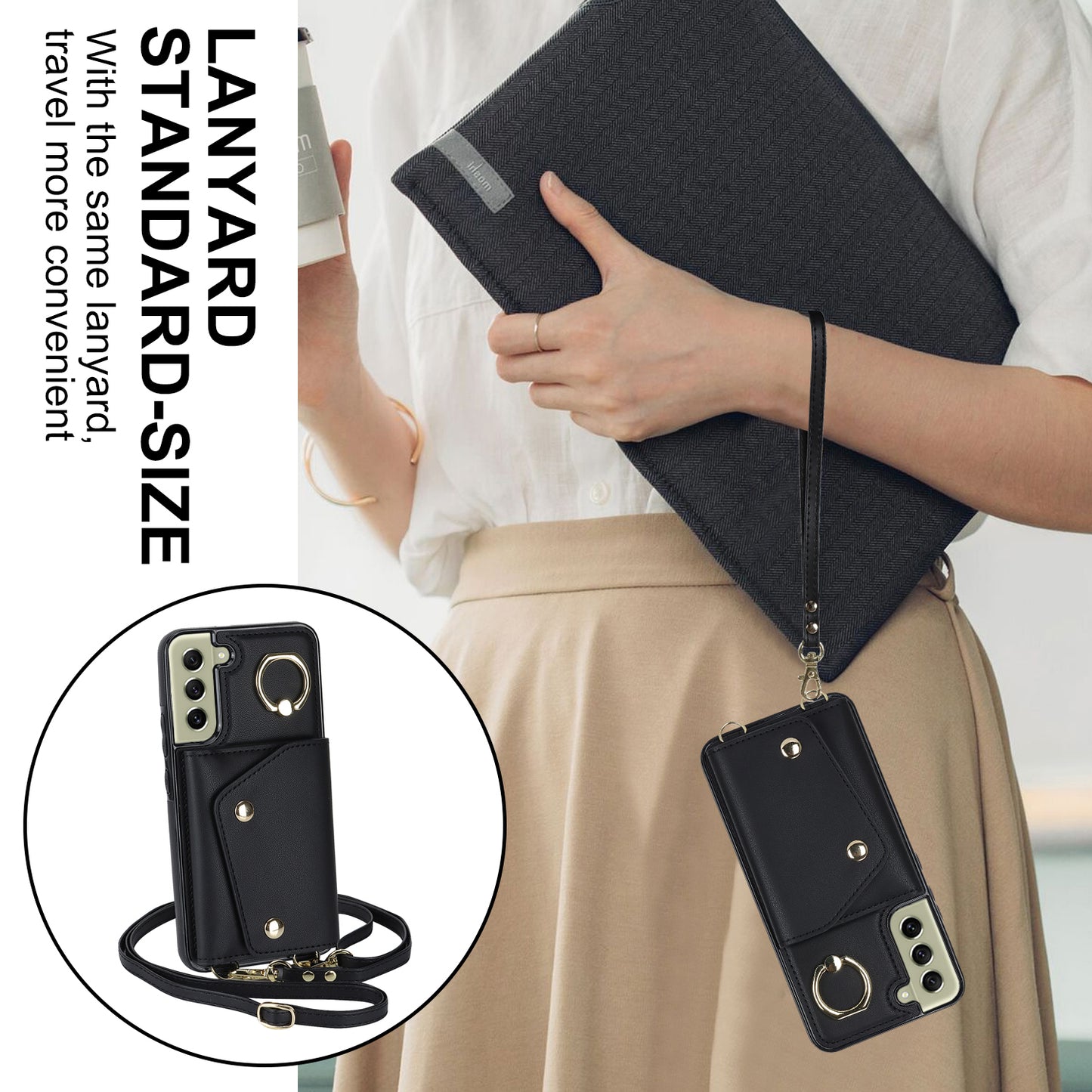 For Samsung Galaxy S21 FE 5G Zipper Wallet Crossbody Phone Case PU Leather Coated TPU Kickstand Cover