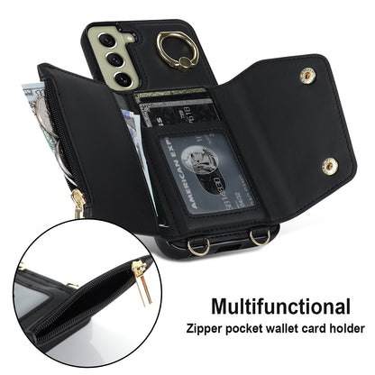 For Samsung Galaxy S21 FE 5G Zipper Wallet Crossbody Phone Case PU Leather Coated TPU Kickstand Cover