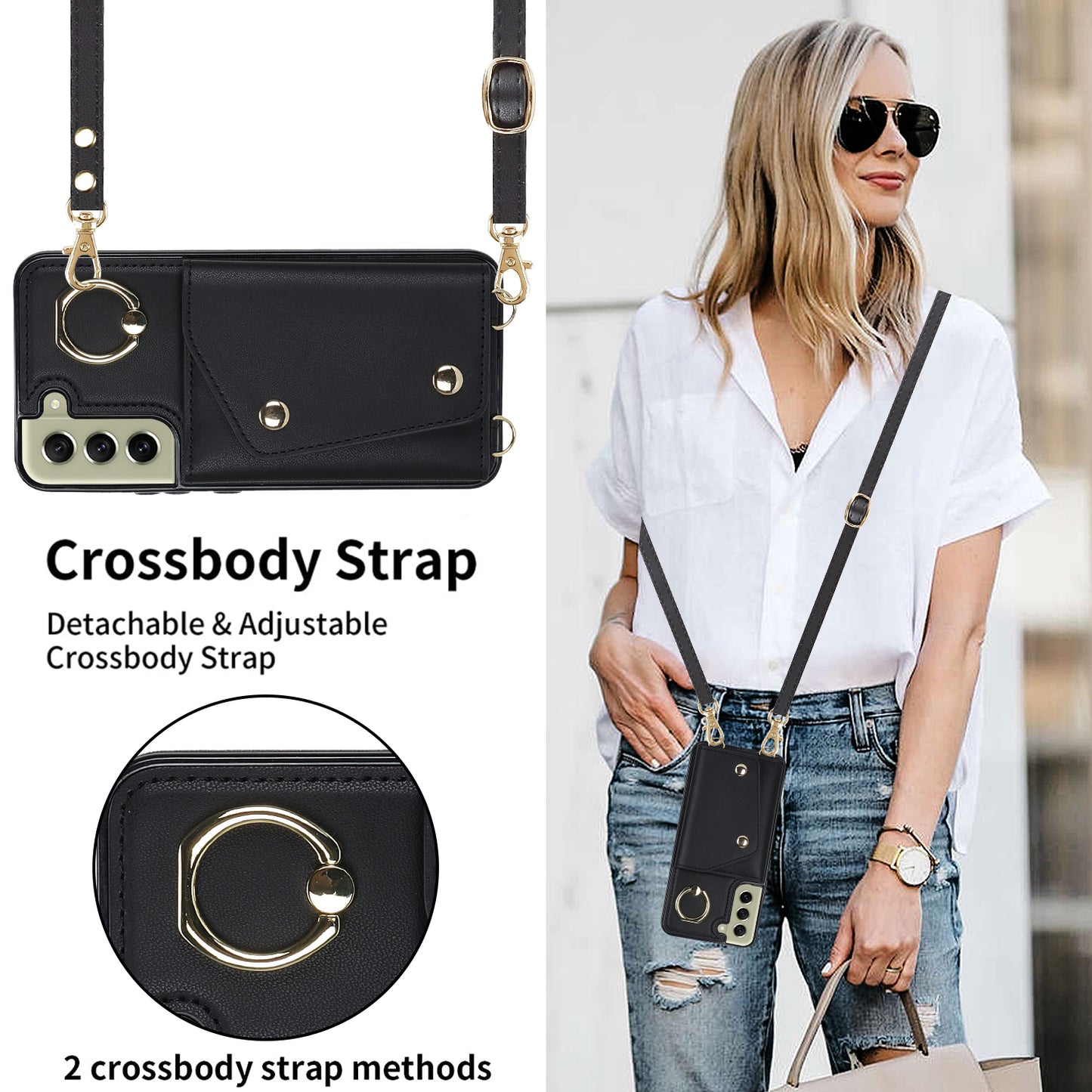 For Samsung Galaxy S21 FE 5G Zipper Wallet Crossbody Phone Case PU Leather Coated TPU Kickstand Cover