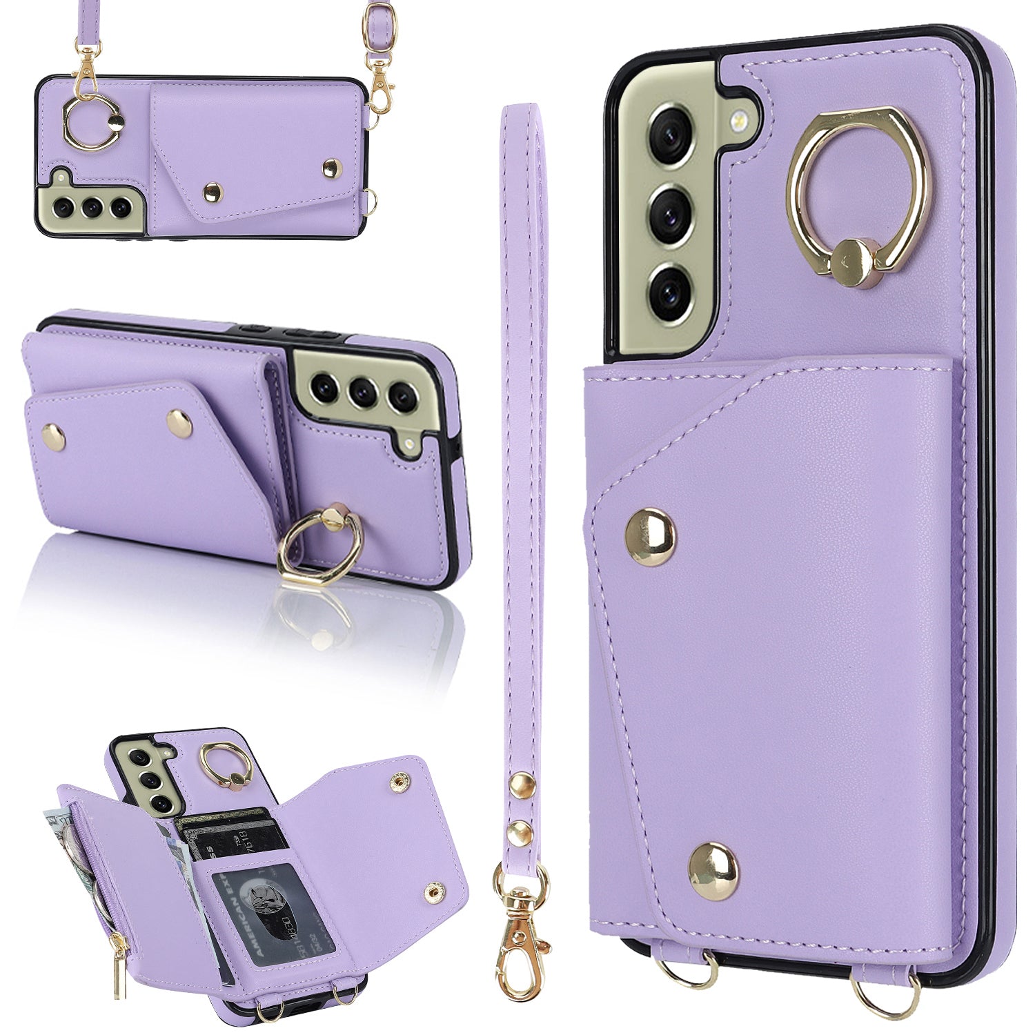 For Samsung Galaxy S21 FE 5G Zipper Wallet Crossbody Phone Case PU Leather Coated TPU Kickstand Cover