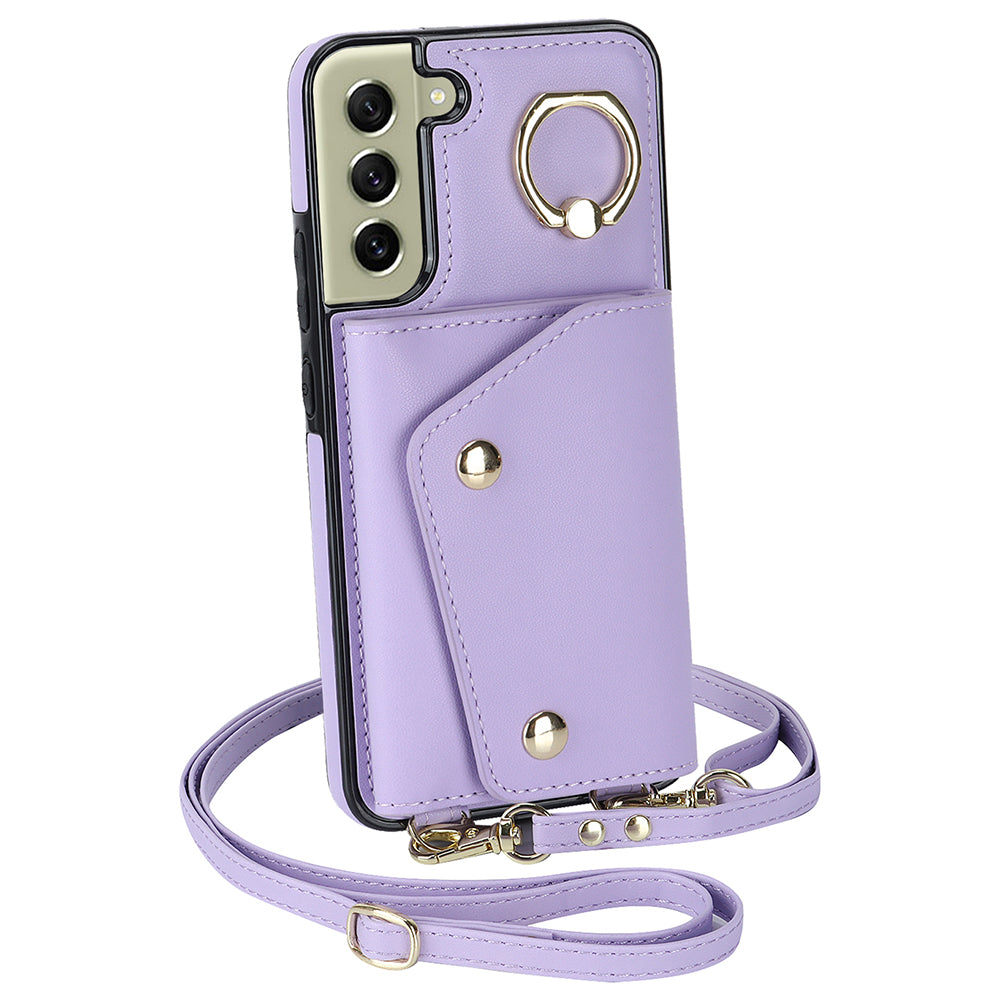 For Samsung Galaxy S21 FE 5G Zipper Wallet Crossbody Phone Case PU Leather Coated TPU Kickstand Cover