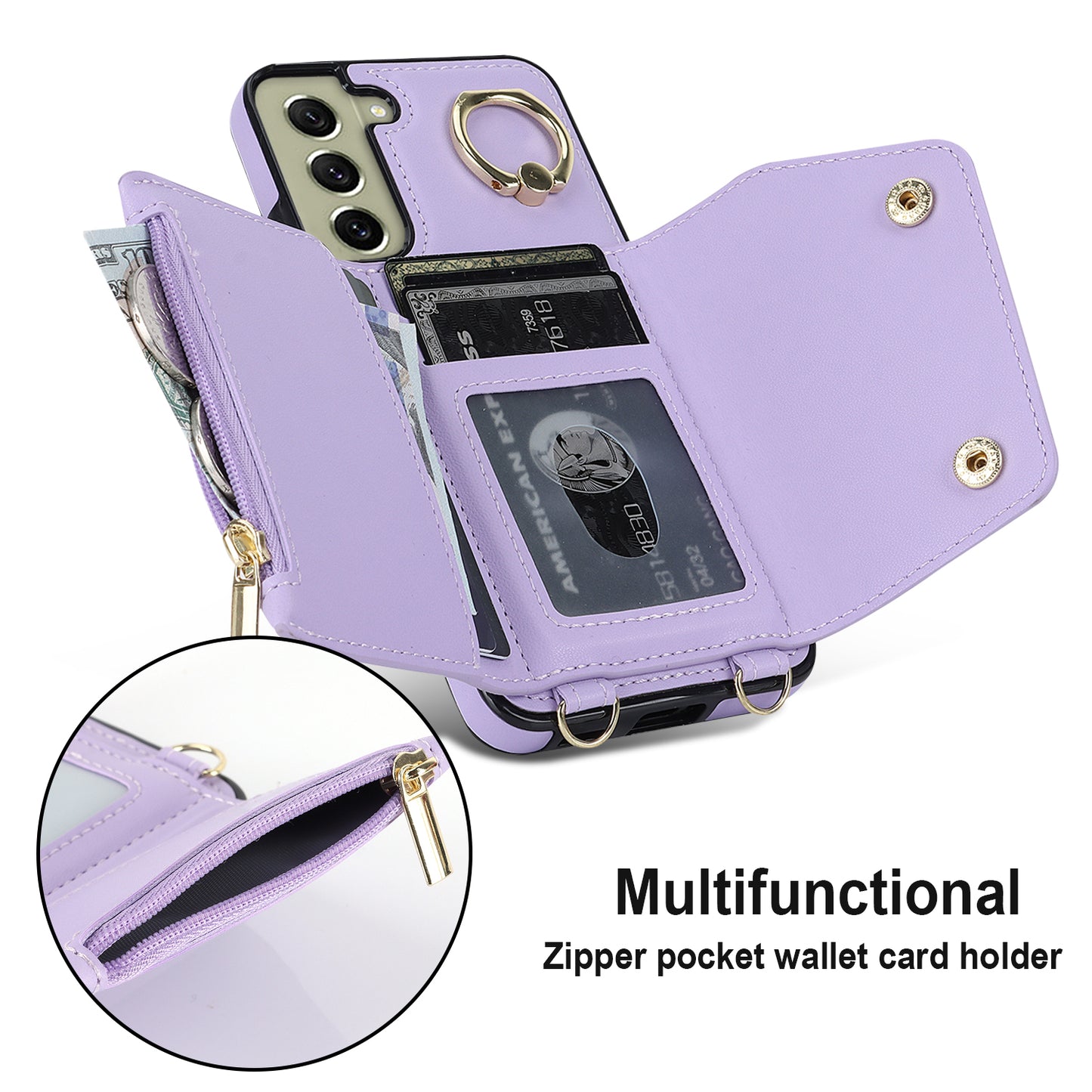 For Samsung Galaxy S21 FE 5G Zipper Wallet Crossbody Phone Case PU Leather Coated TPU Kickstand Cover