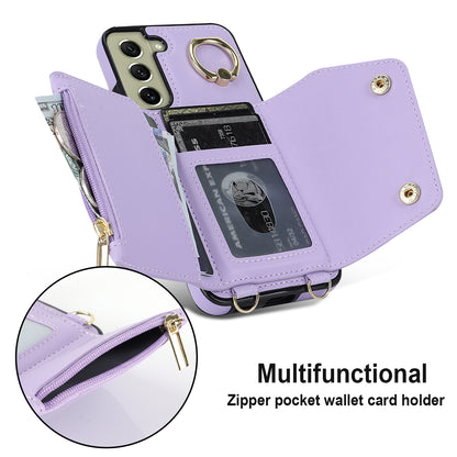For Samsung Galaxy S21 FE 5G Zipper Wallet Crossbody Phone Case PU Leather Coated TPU Kickstand Cover