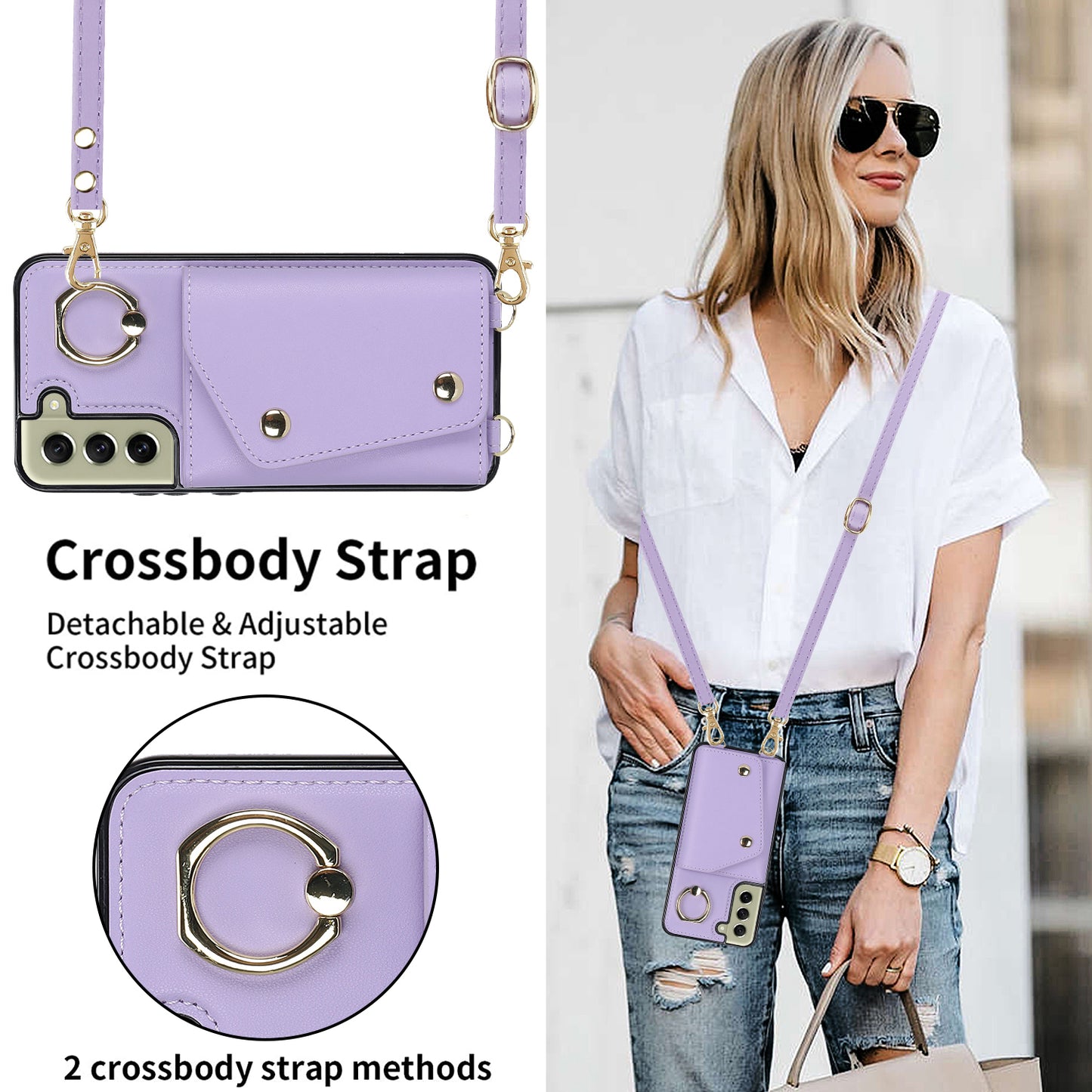 For Samsung Galaxy S21 FE 5G Zipper Wallet Crossbody Phone Case PU Leather Coated TPU Kickstand Cover