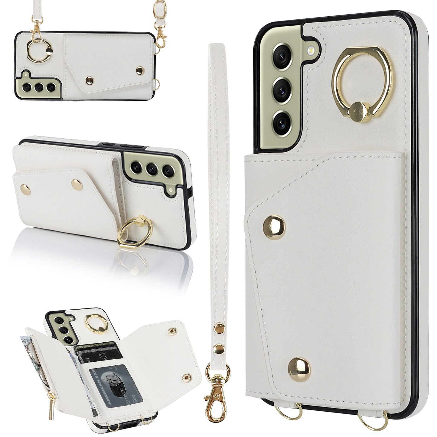 For Samsung Galaxy S21 FE 5G Zipper Wallet Crossbody Phone Case PU Leather Coated TPU Kickstand Cover