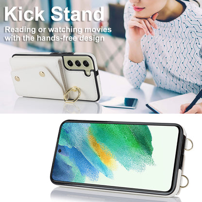 For Samsung Galaxy S21 FE 5G Zipper Wallet Crossbody Phone Case PU Leather Coated TPU Kickstand Cover