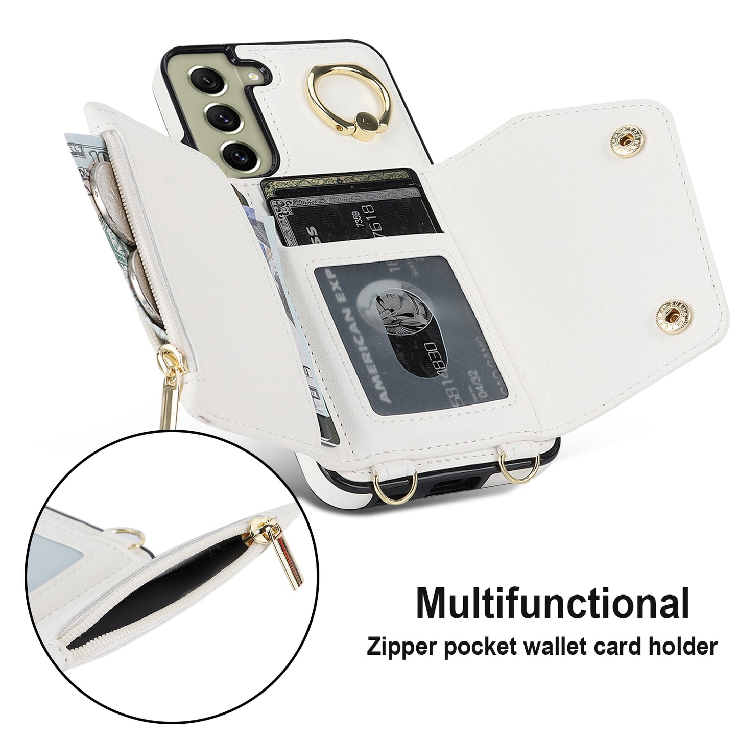 For Samsung Galaxy S21 FE 5G Zipper Wallet Crossbody Phone Case PU Leather Coated TPU Kickstand Cover