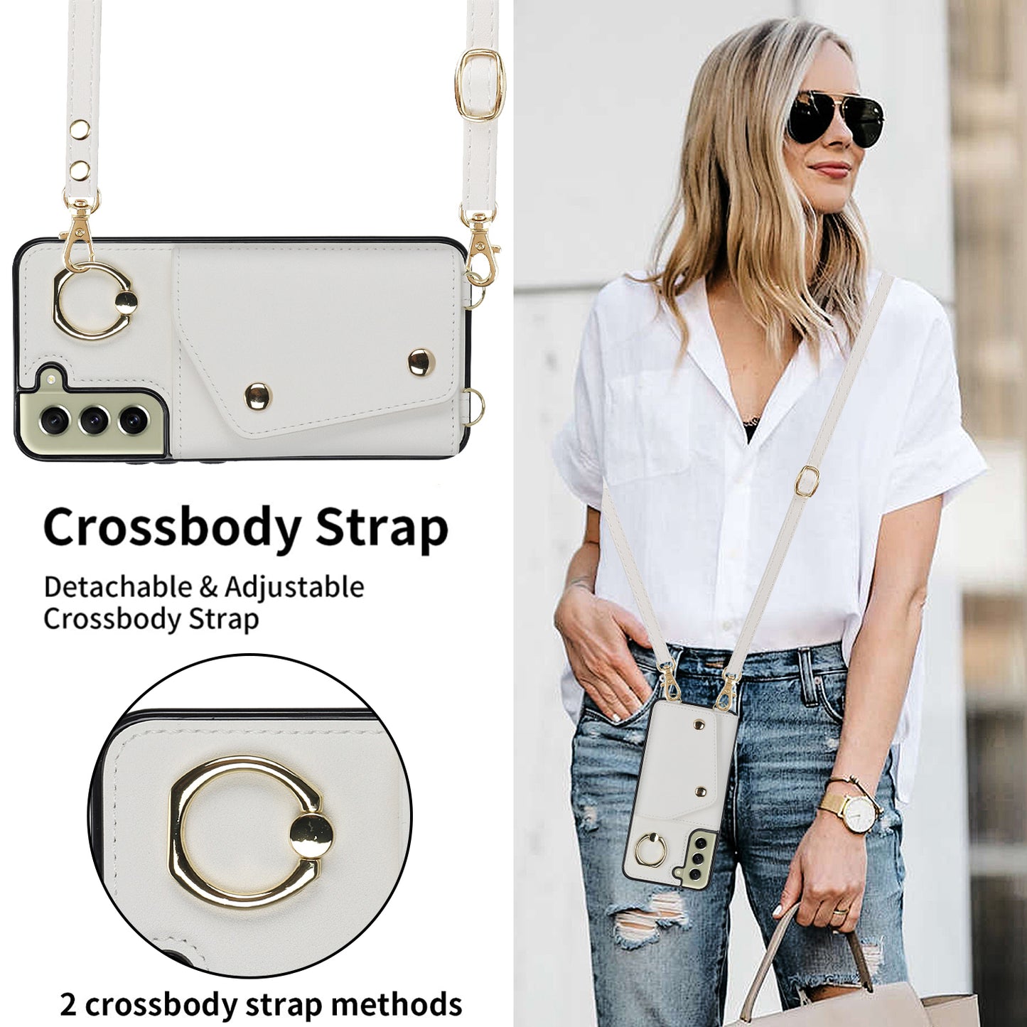 For Samsung Galaxy S21 FE 5G Zipper Wallet Crossbody Phone Case PU Leather Coated TPU Kickstand Cover