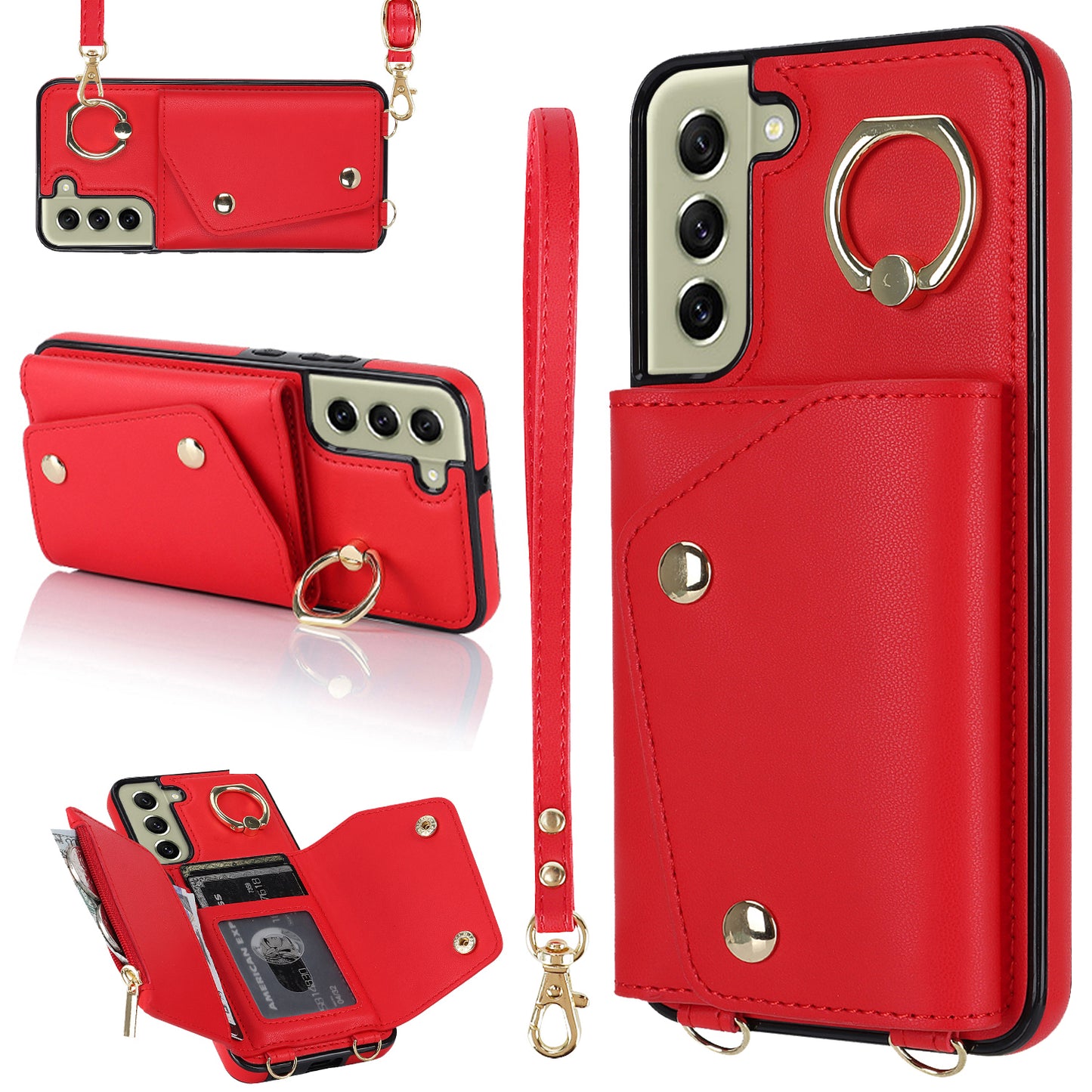 For Samsung Galaxy S21 FE 5G Zipper Wallet Crossbody Phone Case PU Leather Coated TPU Kickstand Cover