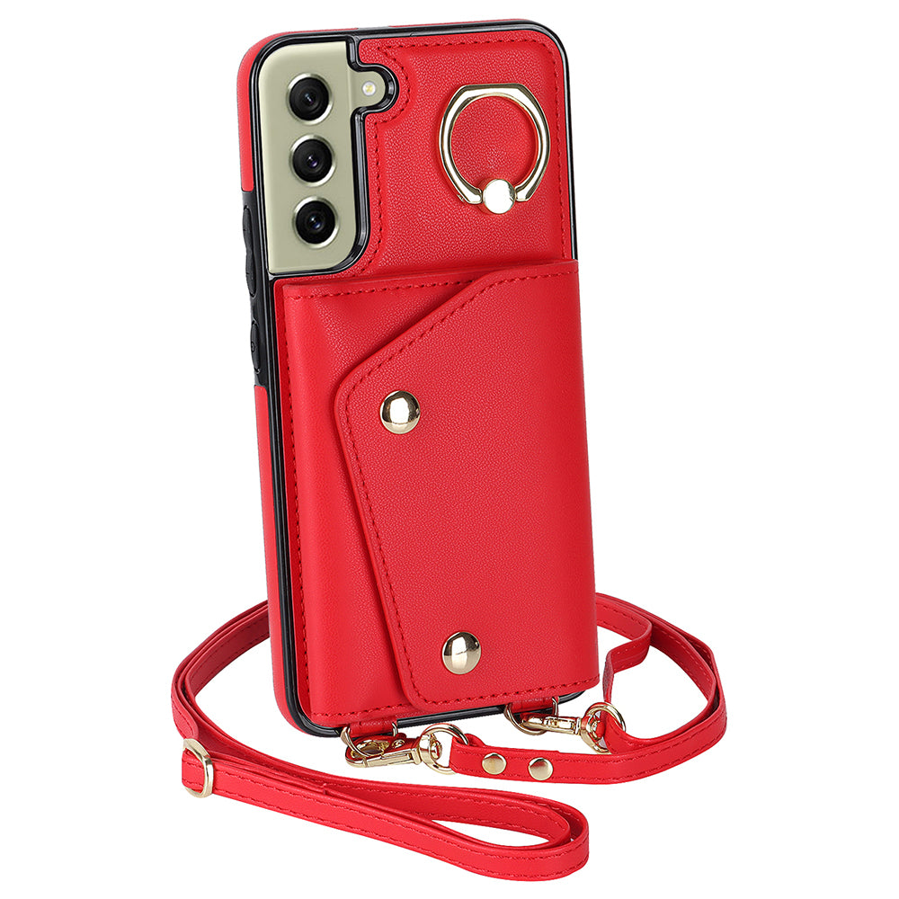 For Samsung Galaxy S21 FE 5G Zipper Wallet Crossbody Phone Case PU Leather Coated TPU Kickstand Cover