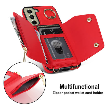 For Samsung Galaxy S21 FE 5G Zipper Wallet Crossbody Phone Case PU Leather Coated TPU Kickstand Cover