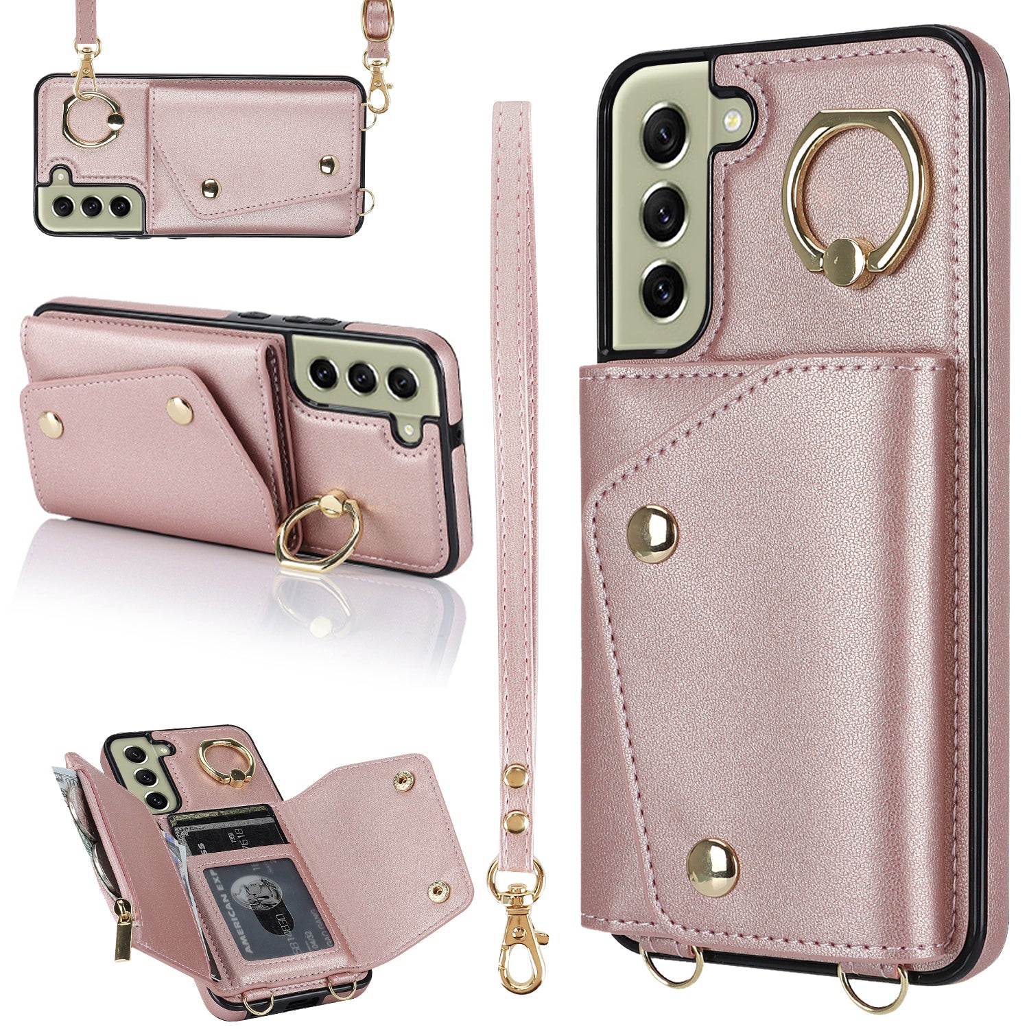 For Samsung Galaxy S21 FE 5G Zipper Wallet Crossbody Phone Case PU Leather Coated TPU Kickstand Cover