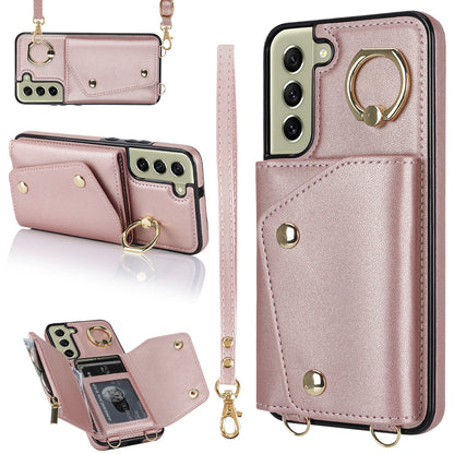 For Samsung Galaxy S21 FE 5G Zipper Wallet Crossbody Phone Case PU Leather Coated TPU Kickstand Cover