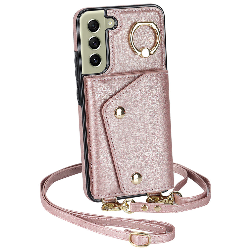 For Samsung Galaxy S21 FE 5G Zipper Wallet Crossbody Phone Case PU Leather Coated TPU Kickstand Cover